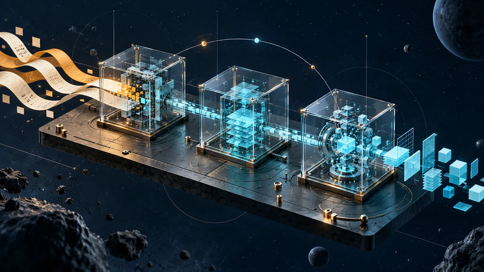 Three glass execution chambers on an orbital workbench, transforming loose paper data into structured blue artifacts
